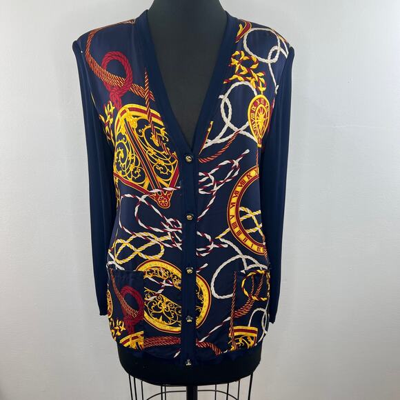 CELINE Vintage Navy Baroque Print Viscose Silk V-Neck Button Up Cardigan M/L - Picture 1 of 8